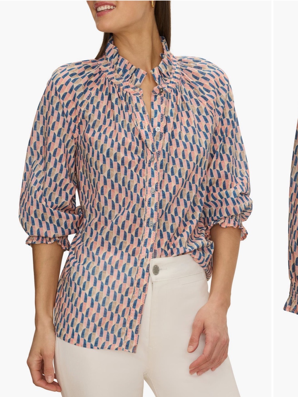 Nic and Zoe XL NWT Printed Ruffle-Neck Button Front Blouse - Pink & Blue